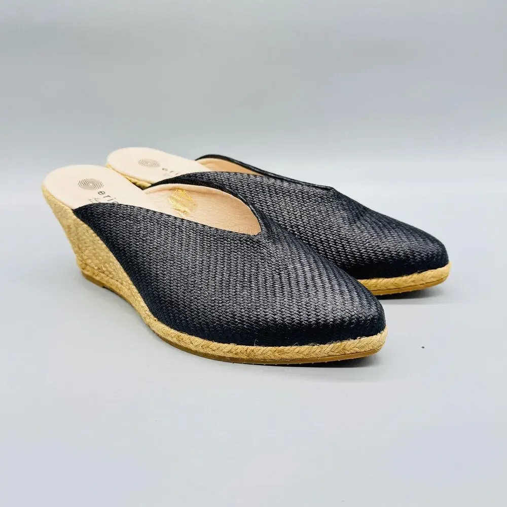 Eric Michael‎ Shoes Womens 8 Black Leather Espadrille Wedge Mule Heels Slip On